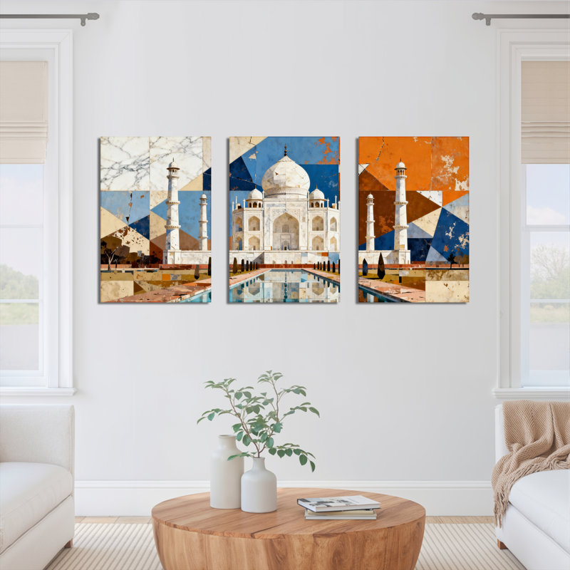 Tableau abstrait géométrique Taj Mahal sur toile tendue (lot de 3), H 24 po x l 48 po