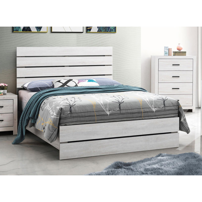 Grand lit avec tête de lit à lattes intemporelle - Bois pour chambre à coucher Chic rustique en placage 3D blanc bord de mer