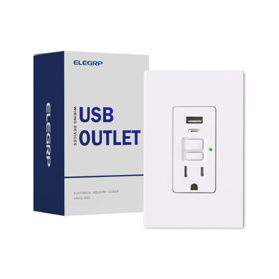 Prises de courant de 15 ampères résistantes à l'auto-test avec disjoncteur de fuite à la terre et prise combinée avec chargeur USB de 24 W, type A et type C, puissance de charge de 4,8 A, certification UL et CUL, plaque murale de taille moyenne inclu
