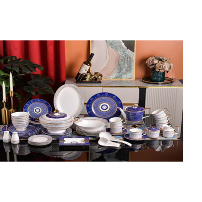 Service de table 58 pièces en porcelaine tendre de style britannique en bleu royal / blanc / or, service complet pour 6 personnes