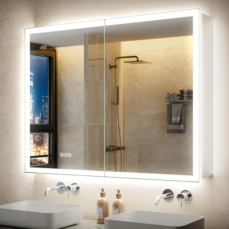 Palmina LED Medicine Cabinet with Mirrored Side Panels, Dimmable 3-Color Front Lighting & Ambient Back Glow, Anti-Fog, Outlet, Clock & Sensor Light, Surface/Recessed Mount