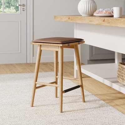 Classic Counter Height Wood Barstool With Leather Removable Cushion, Backless Island 24" Bar Stool For Kitchen