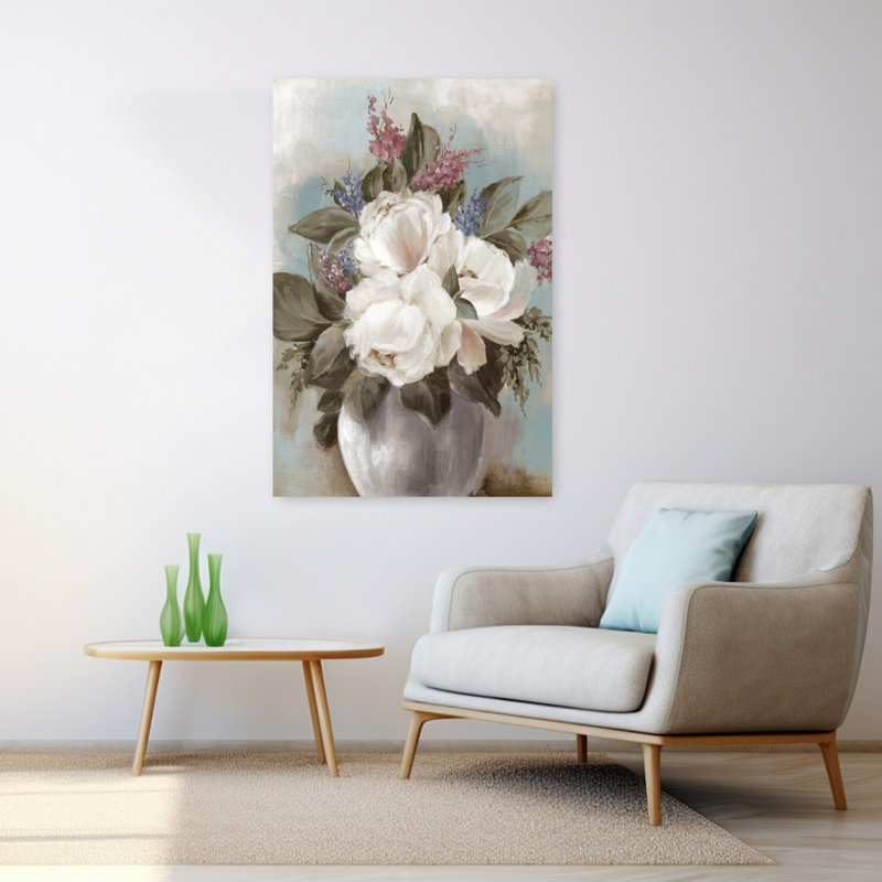 Art contemporain, pivoines délicates et romantiques, H 48 po x l 32 po