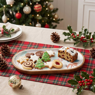 Plateau de service décoratif imprimé de Noël avec bordure en bois, idéal pour ranger les biscuits et les desserts, à poser sur une table pendant les fêtes.