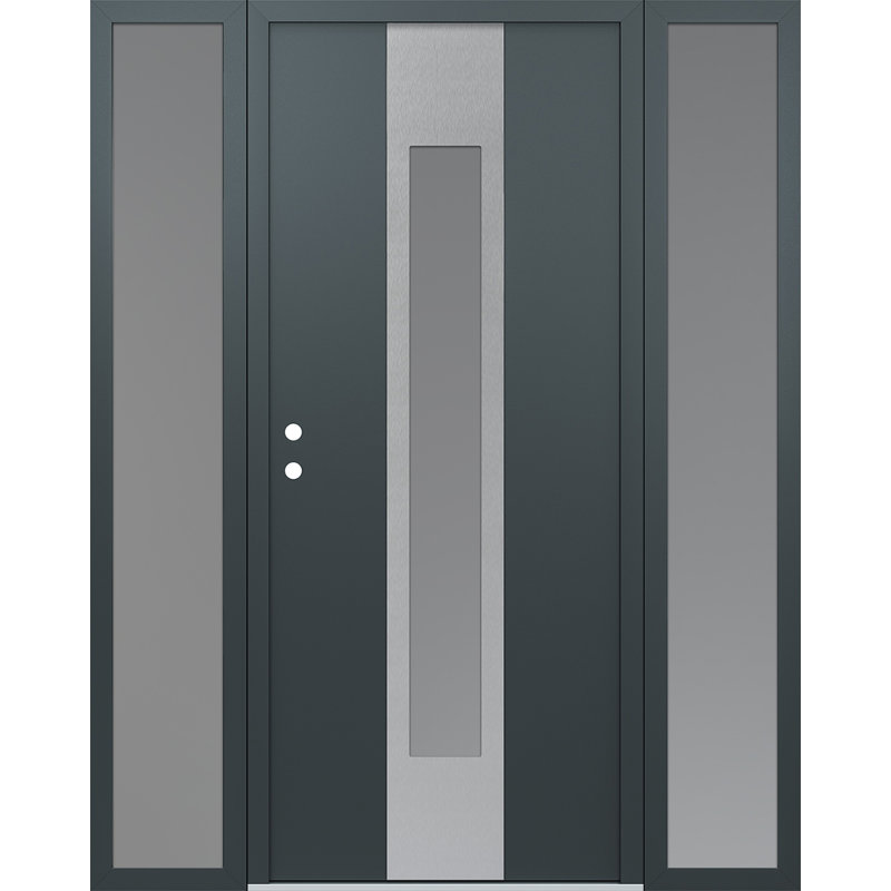 Porte d'entrée pré-suspendue en acier argenté avec panneau latéral Diamond A., Argent argent, L 68 po x H 80 po, Gelé