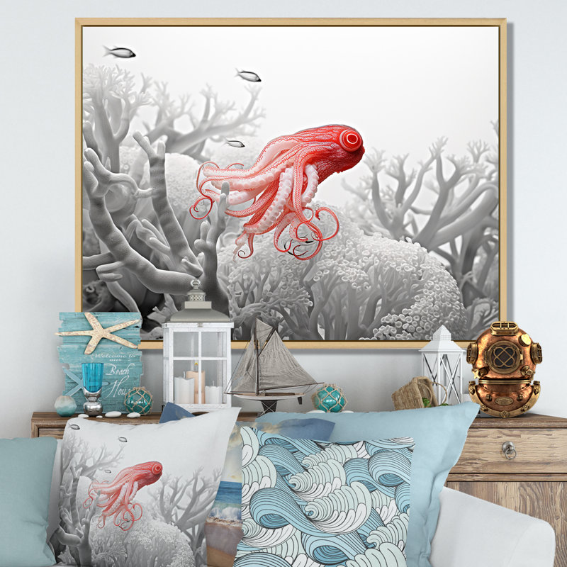 " Monochrome Coral And Grey Octopus Paddle ", 24" H x 32" W x 1" D, Natural Floater Framed