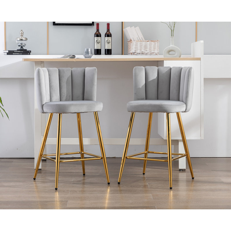 Latefa Upholstered Counter Stool with Metal Frame, Gray Fabric/Gold Frame