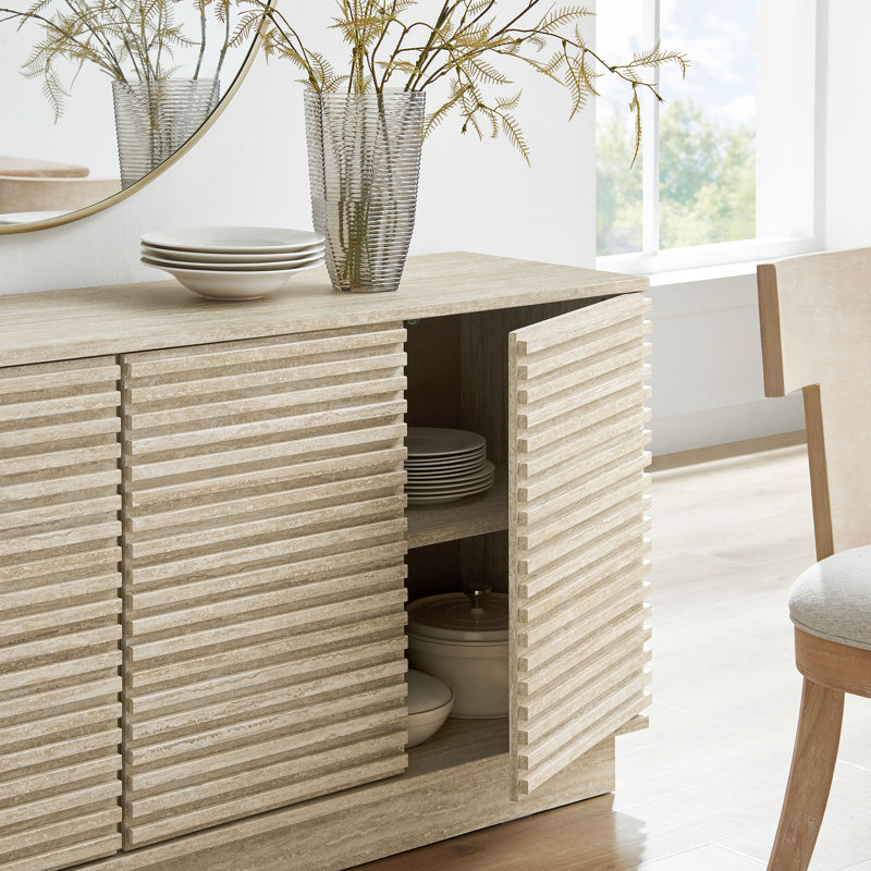 Mid-Century Modern 70" Beige Faux Travertine Sideboard Cabinet