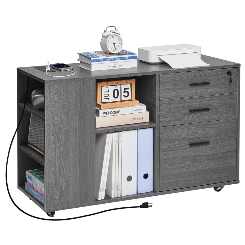 Classeur mobile 3 tiroirs en bois avec multiprise, Gris