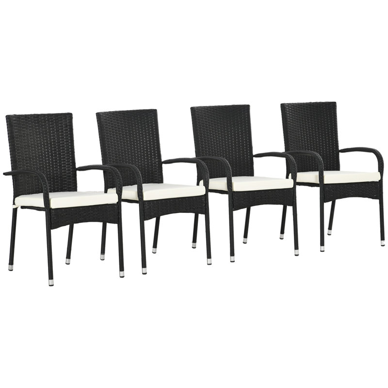 Ensemble de 4 chaises de salle à manger d'extérieur en rotin PE avec coussins - Chaises de patio avec accoudoirs, Noir