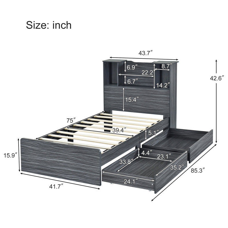 Stylish And Functional Twin Size Storage Bed With Open Shelves And Drawers