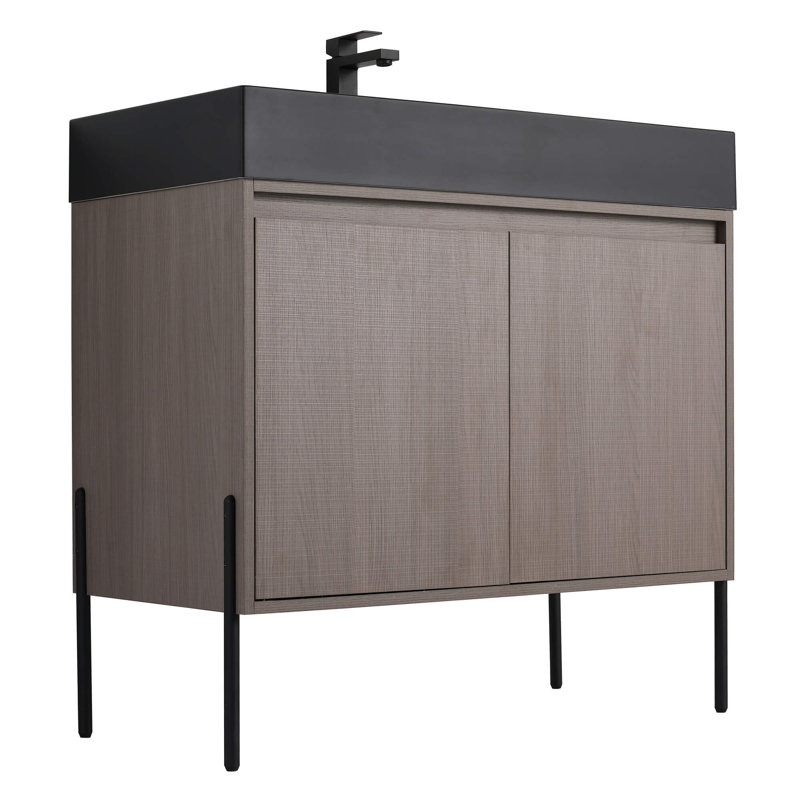 Meuble-lavabo Yordana de 36 po de largeur Ebern Designs, Chêne gris, Noir, noir, noir, noir