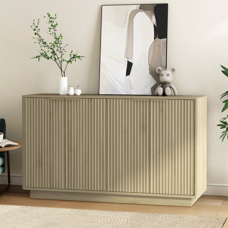 Buffet 55,1 "cannelé, crédence avec tablettes réglables, Naturel, 31.8" H x 55.1" W x 15.7" D