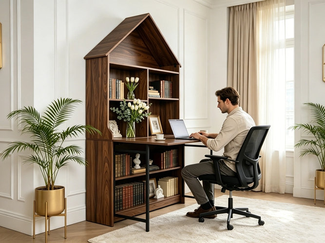 Bureau d'artisanat pliant avec tablettes de rangement, Noyer naturel