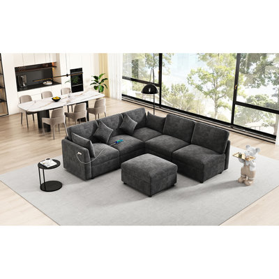Canapé modulaire 86,6 po en forme de L avec deux sorties mobiles, noir, revêtement en chenille douce, sièges confortables, abords de lit modulaires à ressorts pour le salon, chenille de haute qualité, mousse haute,