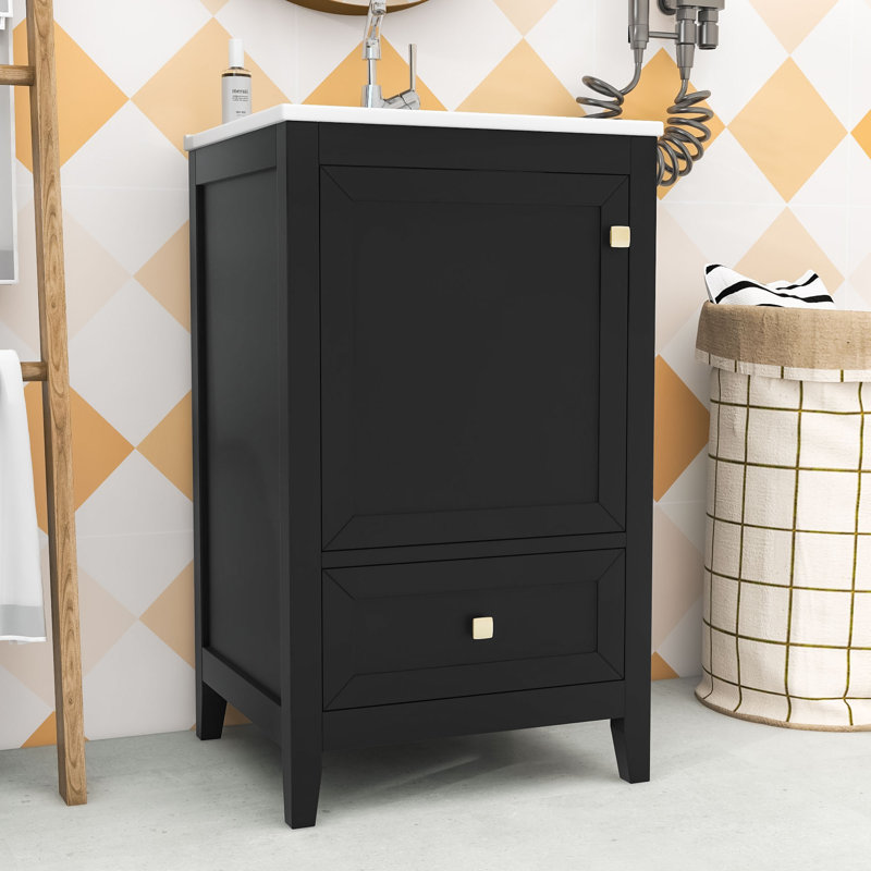 Meuble-lavabo simple autoportant moderne avec lavabo en céramique, tiroir et support de rangement, Noir