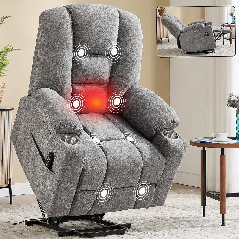 Power Lift Recliner Chair with Massage and Heat for Elderly, Overstuffed Wide Recliners, Heavy Duty Motion Mechanism with USB and Type C Ports, 2 Steel Cup Holders