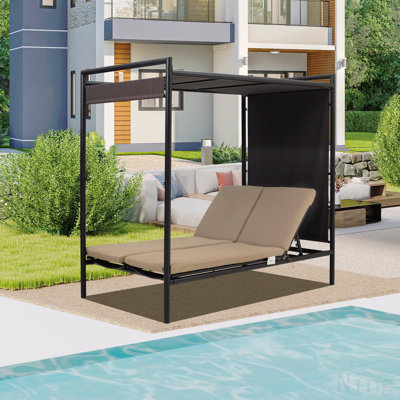 Lit de jour pour l'extérieur avec lit à baldaquin réglable, méridienne double avec dossier réglable à 5 positions et coussins en coton pour patio, cour, balcon, bord de piscine