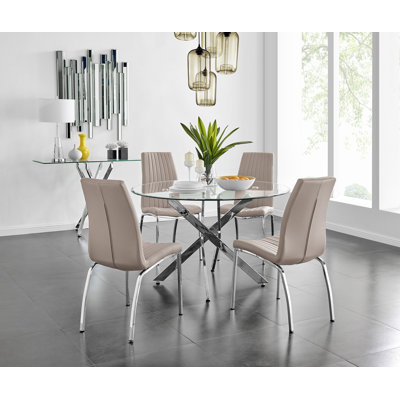 Tierra Sleek Metal and Glass Round Dining Table Set with 4 Faux Leather Upholstered Dining Chairs