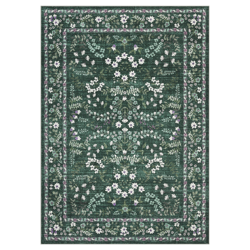 Modern Floral Machine Washable Rug for Living Room, Farmhouse Flower Soft Non Shedding Floor Covering with Non Slip TPR Backing, Indoor Foldable Low Pile Thin Mat