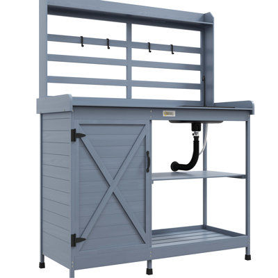 Gray Potting Bench With Sink And Shelves, Wood - Practical For Cleaning Organizing In Backyard, Patio, Lawn Storage Balcony Gardening