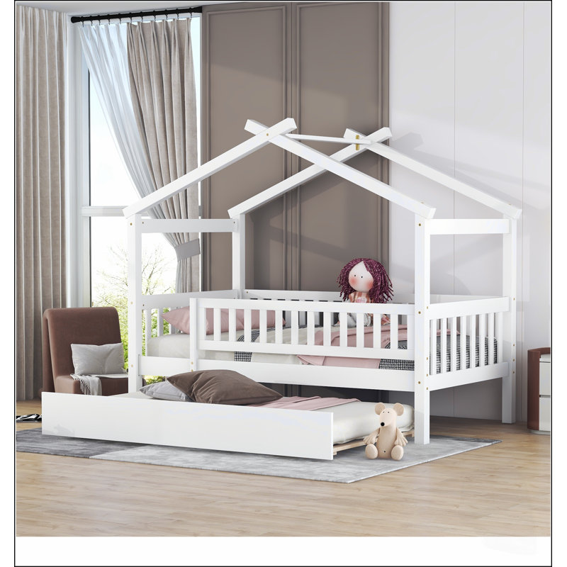 Lit cabane en bois deux places avec lit gigogne, design créatif et fonctionnel pour les chambres d'enfants, idéal pour les jeux d'imagination et un sommeil confortable