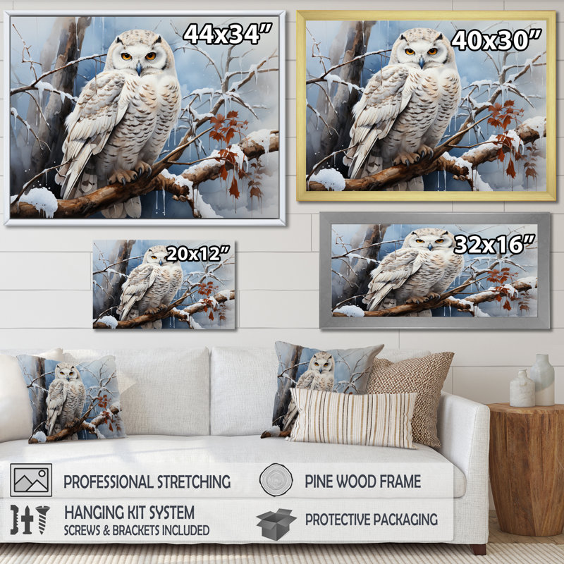 Winter Snowy Owl Landscape - Art mural paysage d'hiver, Cadre flottant blanc, 30" H x 40" W