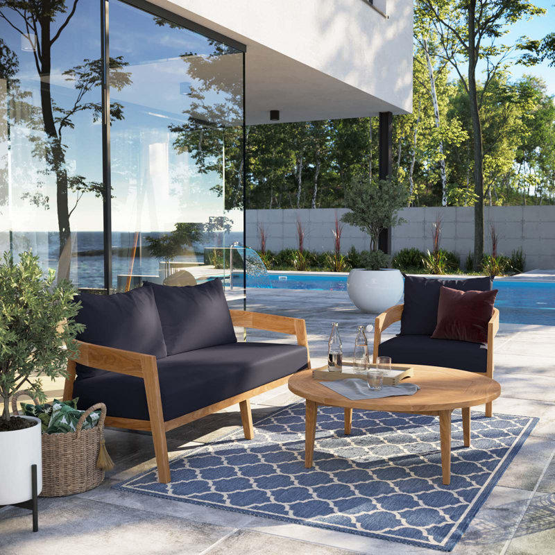Ensemble de patio d'extérieur en bois de teck 3 pièces Brisbane par Modway, Bleu marine