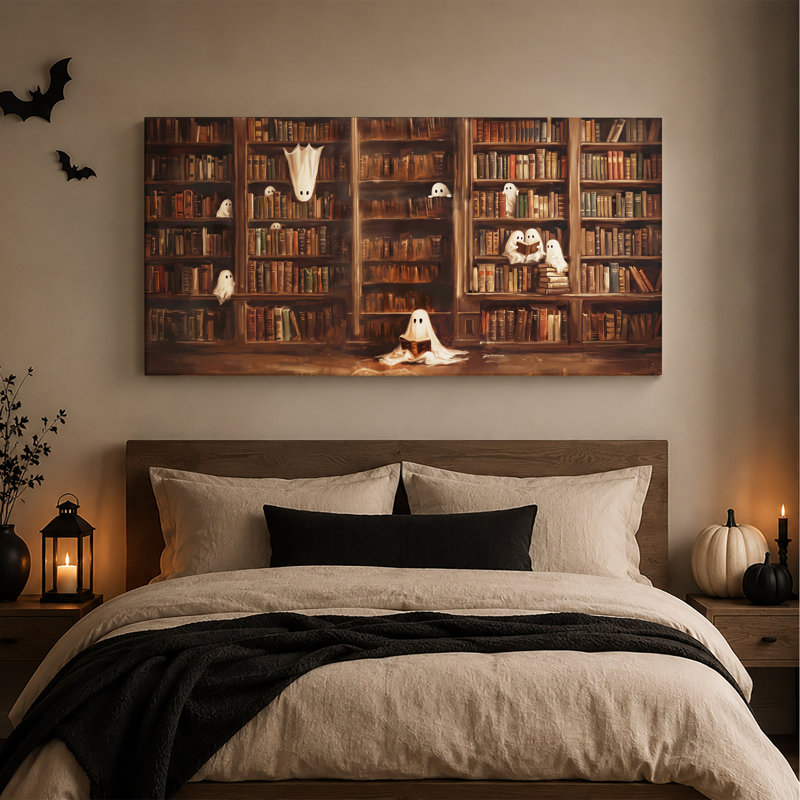 Art blanc sur toile, bibliothèque blanche, 20"W x 10"H