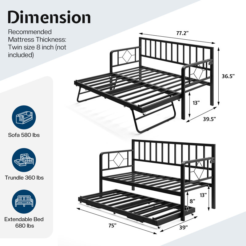 Metal Daybed with Trundle, LED Lights, Black