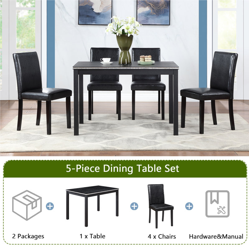 Kitchen Table Set with a Rectangular Table and 4 Upholstered Chairs, Black