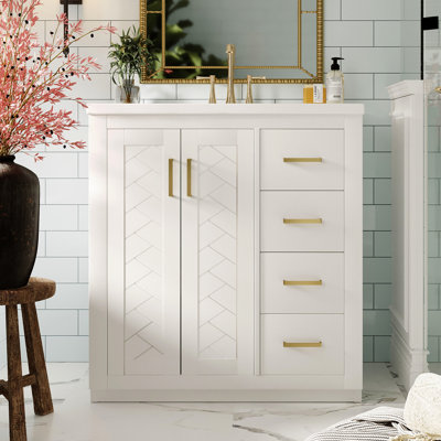 Meuble-lavabo avec cadre en bois massif 30 po avec lavabo en céramique, charnières à fermeture douce, planches, 3 tiroirs, rangement spacieux, poignée en métal exquis, cadre d'apparence rétro, motif à rainure unique, lisse