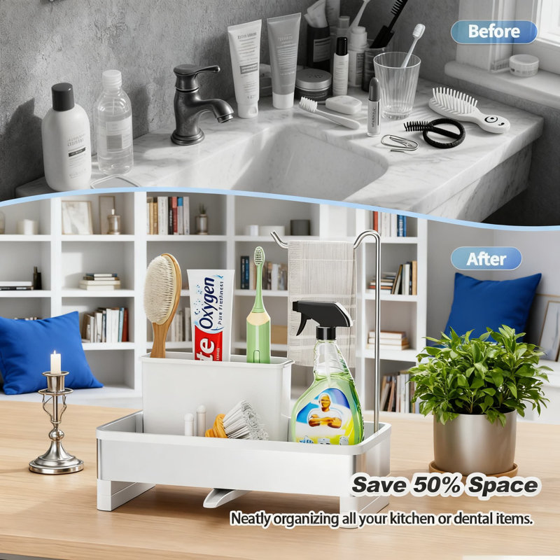 Support d'évier et porte-éponge en acier inoxydable avec porte-brosse et support à vaisselle, organisateur d'évier de cuisine antirouille avec drainage automatique pour le rangement sur le comptoir