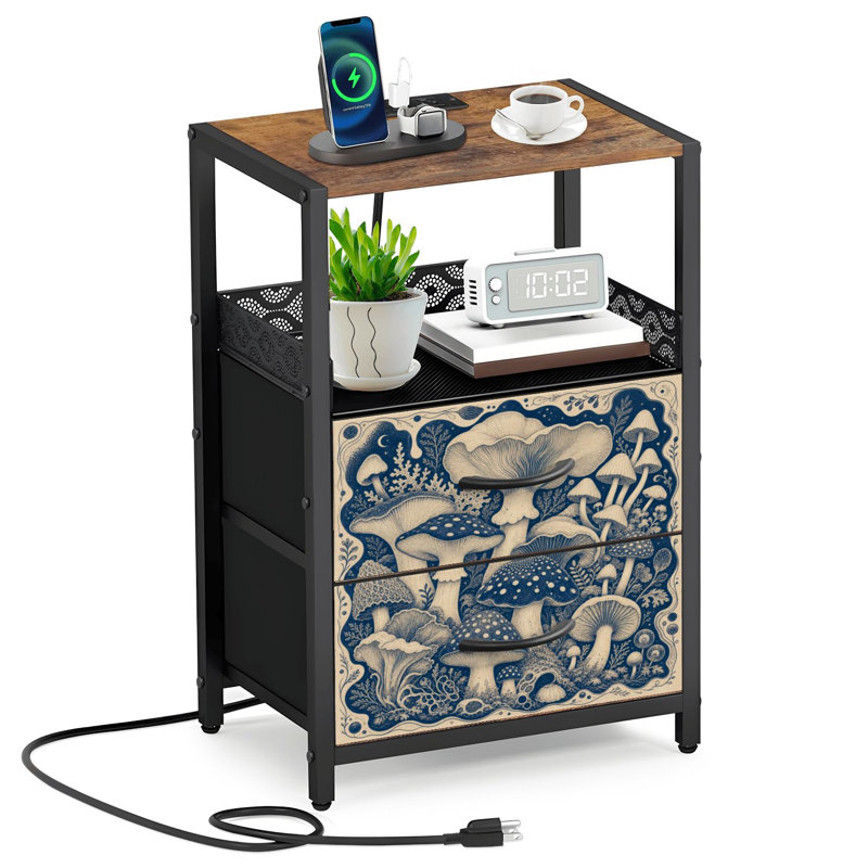 Table de chevet à 2 tiroirs en tissu avec station de charge Table de chevet avec champignon bleu crème Forest