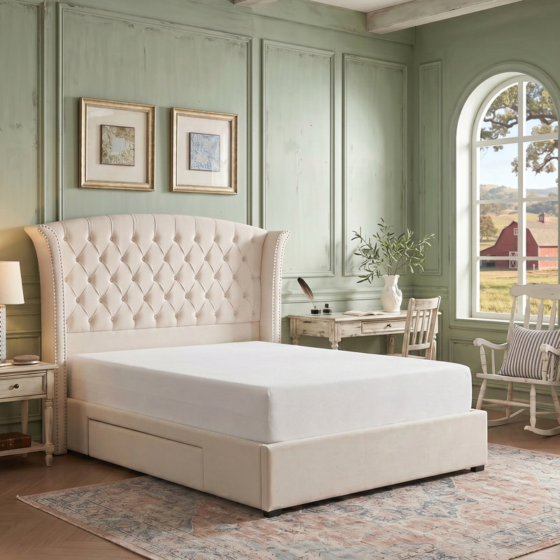 Button Tufted Wingback Velvet Upholstered Platform Bed with Storage Drawers, Queen, Cream Velvet, Cream, Queen