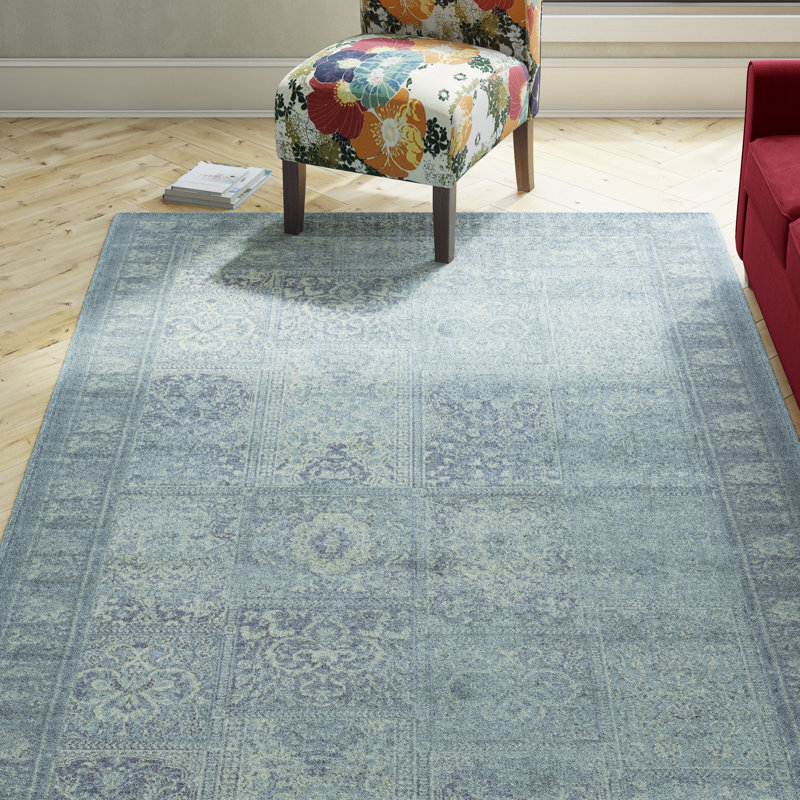 Tapis oriental turquoise / gris Evanoff, Rectangle 6 pi 7 po x 9 pi 2 po