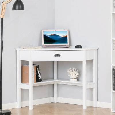Bureau d'angle, bureau d'ordinateur triangulaire avec tiroir et tablettes de rangement pour petits espaces, poste de travail de bureau à domicile pour le salon ou la chambre à coucher, blanc