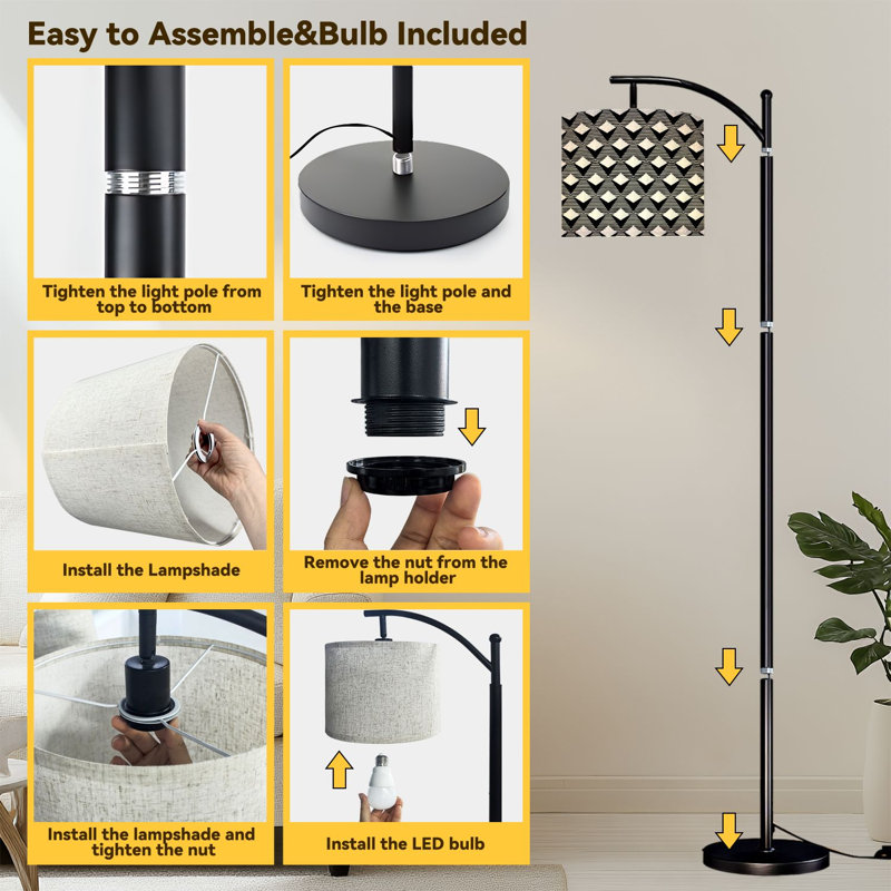 Arc Floor Lamp Black White Geometric Triangle Stripes Floor Lamps with Remote LED Lights Adjustable Lamp Shades Tall Standing Lamps for Reading Office Living Room