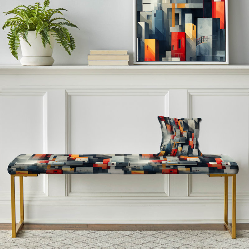 Striped Upholstered Gold Bench, Grey Cubic Striped Wall Pattern