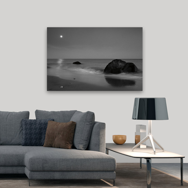 Été lune bord de mer noir et blanc plage blanche, H 48 po x l 32 po