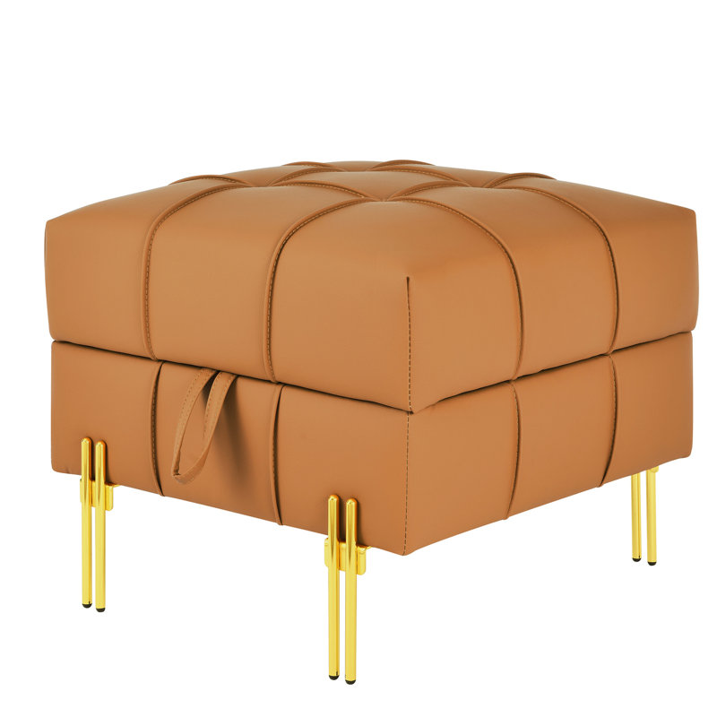 Banc de vestibule orange en cuir pour animaux de compagnie avec pieds en acier inoxydable doré et surface de rangement spacieuse de 22 po