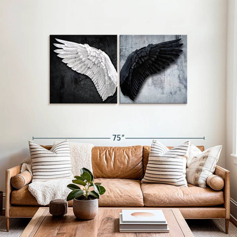 Decor Elements - Ailes d'ange blanches et noires sur toile, 2 pièces, H 30 po x l 61 po x P 1,25 po