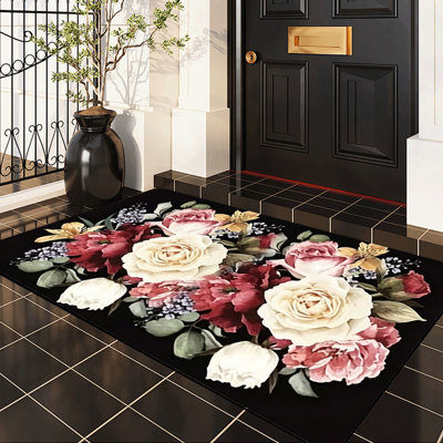  Non-Slip Indoor Outdoor Door Mat, 16"x24",Golden rose butterfly