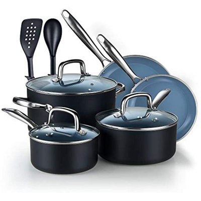 Les batteries de cuisine en céramique antiadhésives de Cook N Home Classic comprennent une casserole, des poêles à frire, une marmite avec couvercles, des ustensiles en nylon, gros calibre, 10 pièces, noir