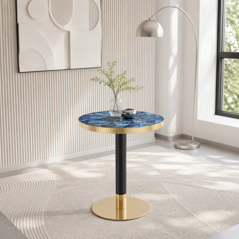 Table bistro ronde de 23,6 po avec rebord en acier inoxydable, Bleu + or, noir + or