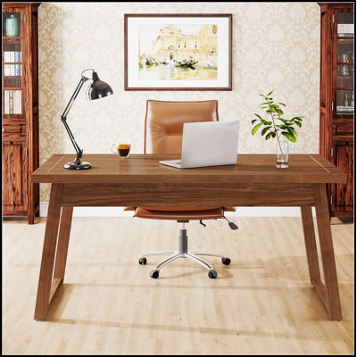 55” Mid-Century Modern Executive Desk with Drawer, Solid Wood Writing Computer Desk for Home Office, Workstation Table for Laptop, Study, or Workspace