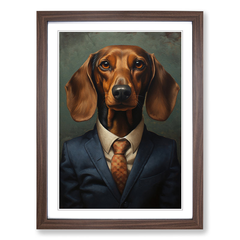 Dachshund In A Suit Painting Framed Print, Walnut , 46cm H x 34cm W x 2cm D