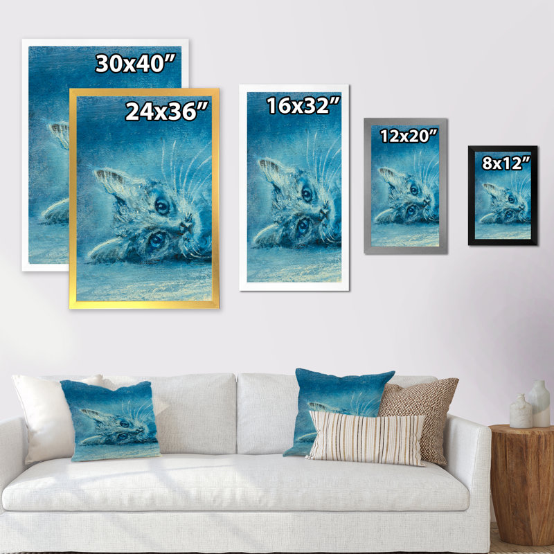 Illustration de chat bleu - œuvre d'art traditionnelle sur toile, H 20 po x l 12 po x P 1 po, Toile avec cadre photo noir