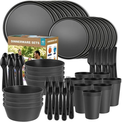 40-piece Rv & Camping Dinnerware Set For 8 - Lightweight Unbreakable Plates, Bowls & Cutlery, Microwave Safe Melamine Alternative, Outdoor Picnic Travel Dish Set (black)
