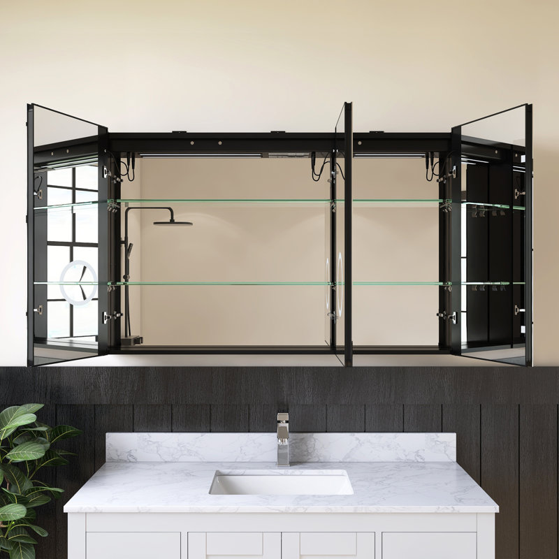Pharmacie à fixation en surface avec miroir et désembueur 47 po x 30 po Medunjess, H 29,92 po x l 47,48 po x P 5,31 po